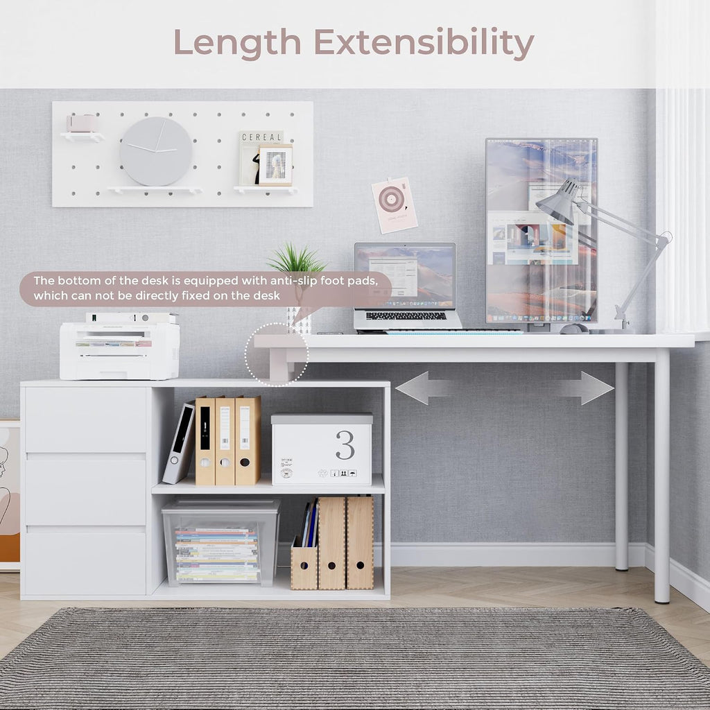 Home Office Computer Desk Corner Desk with 3 Drawers and 2 Shelves, 53-inch L-Shaped Study Desk with Storage, White
