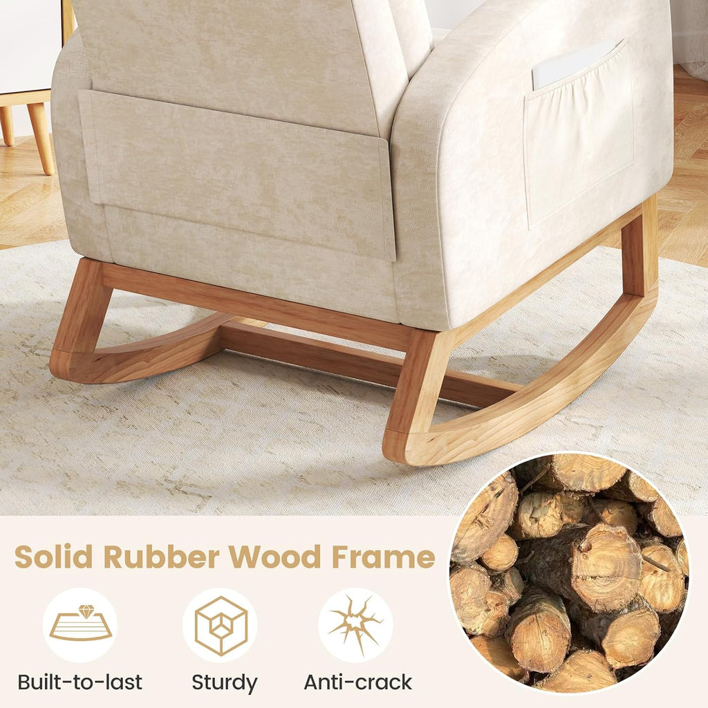 Giantex Rocking Chair Nursery, Upholstered Chenille Rocker Chair w/Side Pocket, Natural Rubber Wood Frame, High Back, Modern Nursery Glider Armchair for Living Room, Bedroom