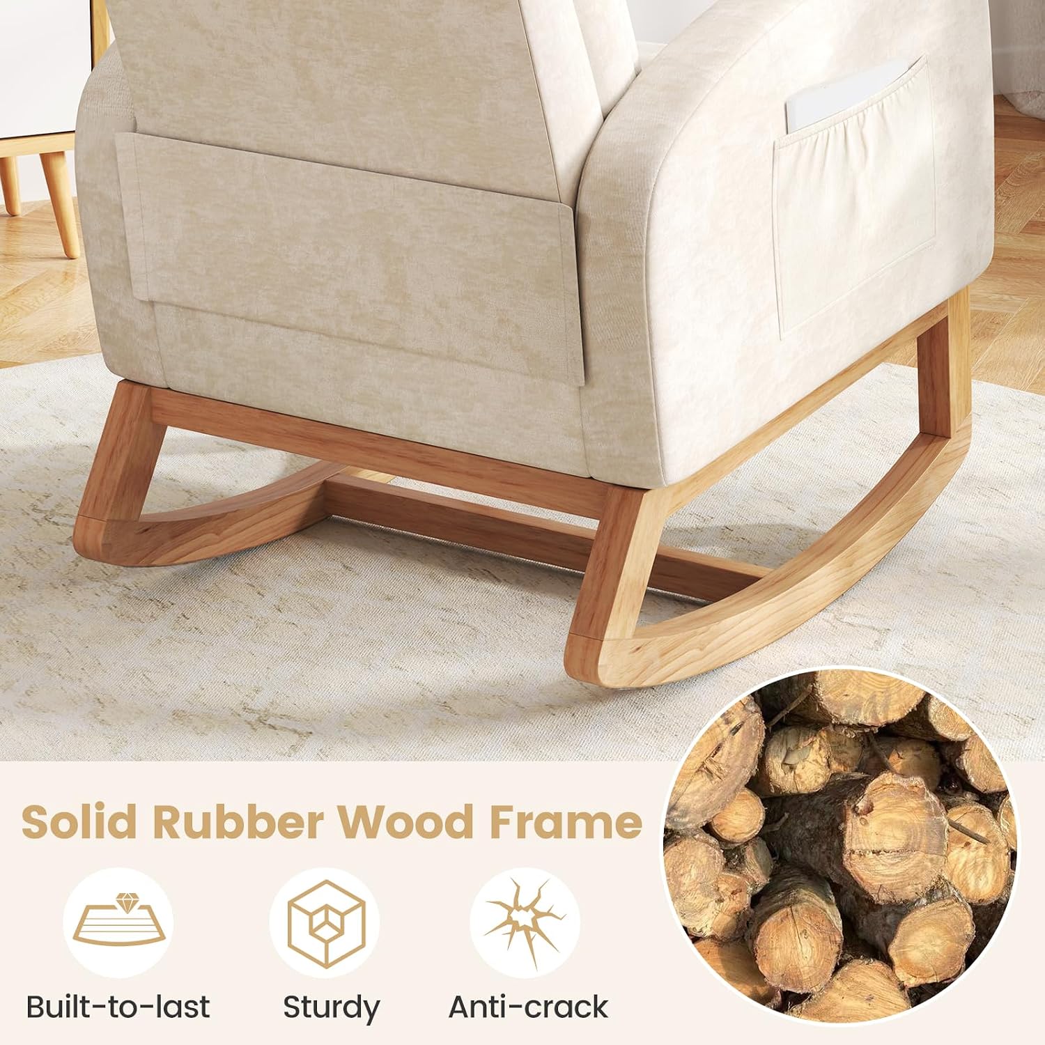 Giantex Rocking Chair Nursery Set of 2, Upholstered Chenille Rocker Chair w/Side Pocket, Natural Rubber Wood Frame, High Back, Modern Nursery Glider Armchair for Living Room, Bedroom