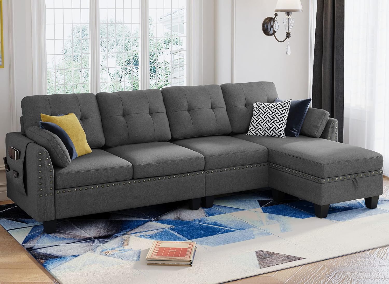 HONBAY Convertible Sectional Sofa L Shaped Couch Reversible Sectional Couches for Living Room,Grey
