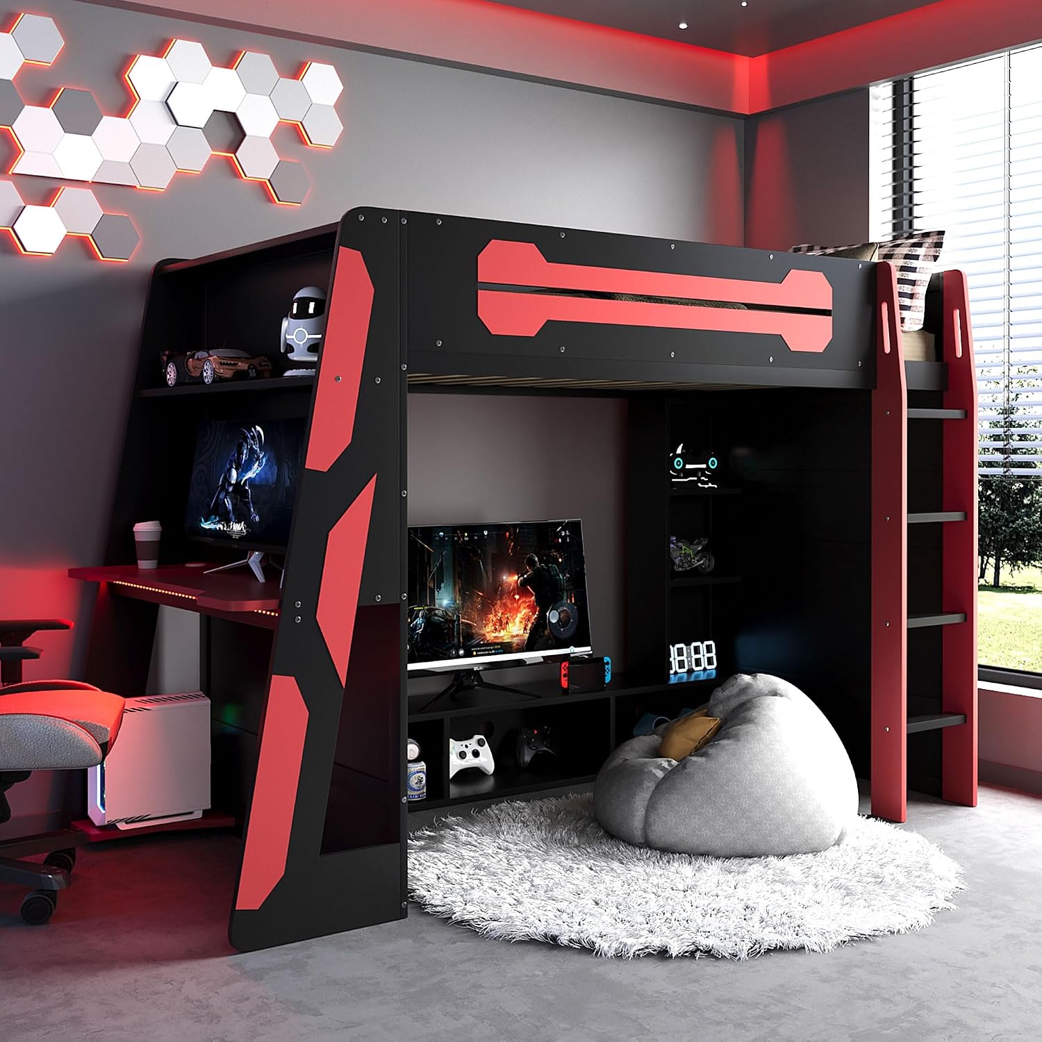 Merax Wood Loft Bed with Desk, Multi-Storage Shelves and RGB Light, Twin Size, Red