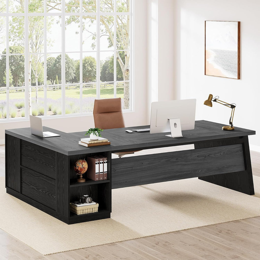 Tribesigns 78' L Shaped Desk with Drawers, Lage Office Desk with Storage Shelves, Modern Corner Computer Desk for Home Office (Gray and Black)