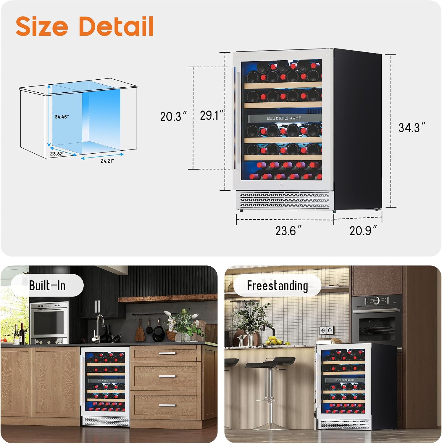 Albott 24 Inch Wine Fridge, Dual Zone 49 Bottle Wine Cooler 41–68℉ with Digital Temperature Control, Reversible Double-Layer Glass Door, Built-in or Freestanding Design for Home and Bar