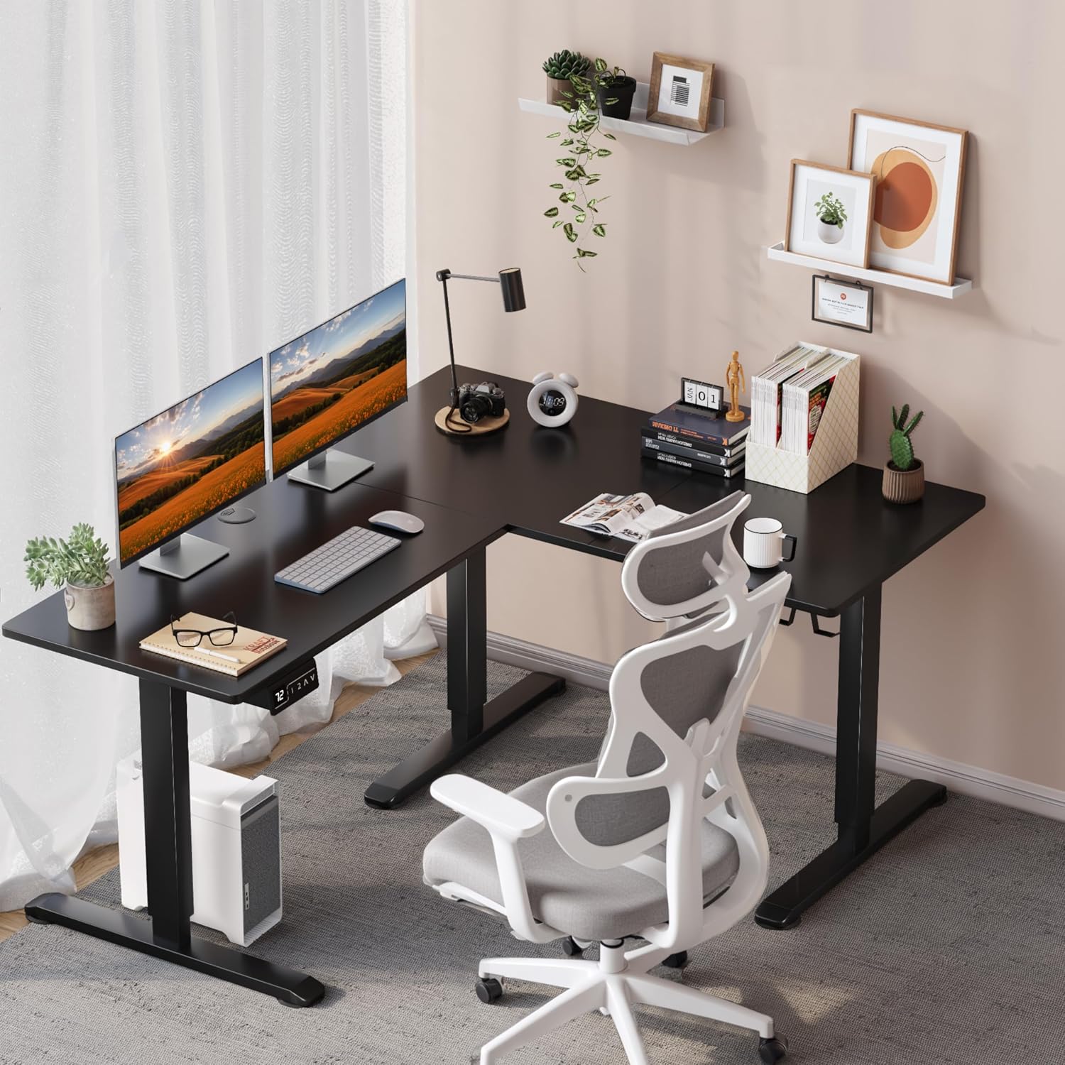 Shahoo L-Shaped Electric Standing Desk, 63 x 48 Inches Height Adjustable Coner Table, Home Office Computer Workstation, Black, 63 x 48 Inch
