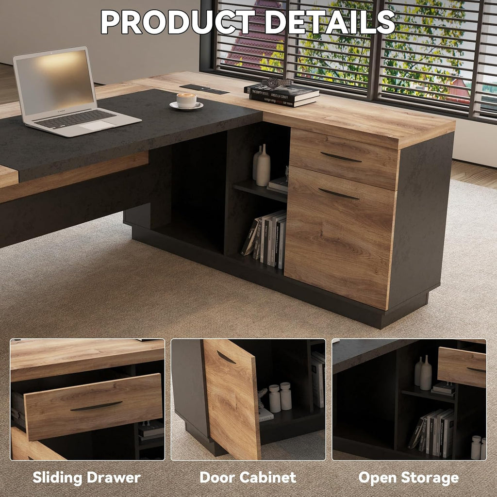 L Shape Executive Desk, Large Office Desk with Drawers & Shelves, 78.74 Inches Industrial Wooden Desk with Storage, Modern Computer Desk for Home Office, Black and Brown, Right Side