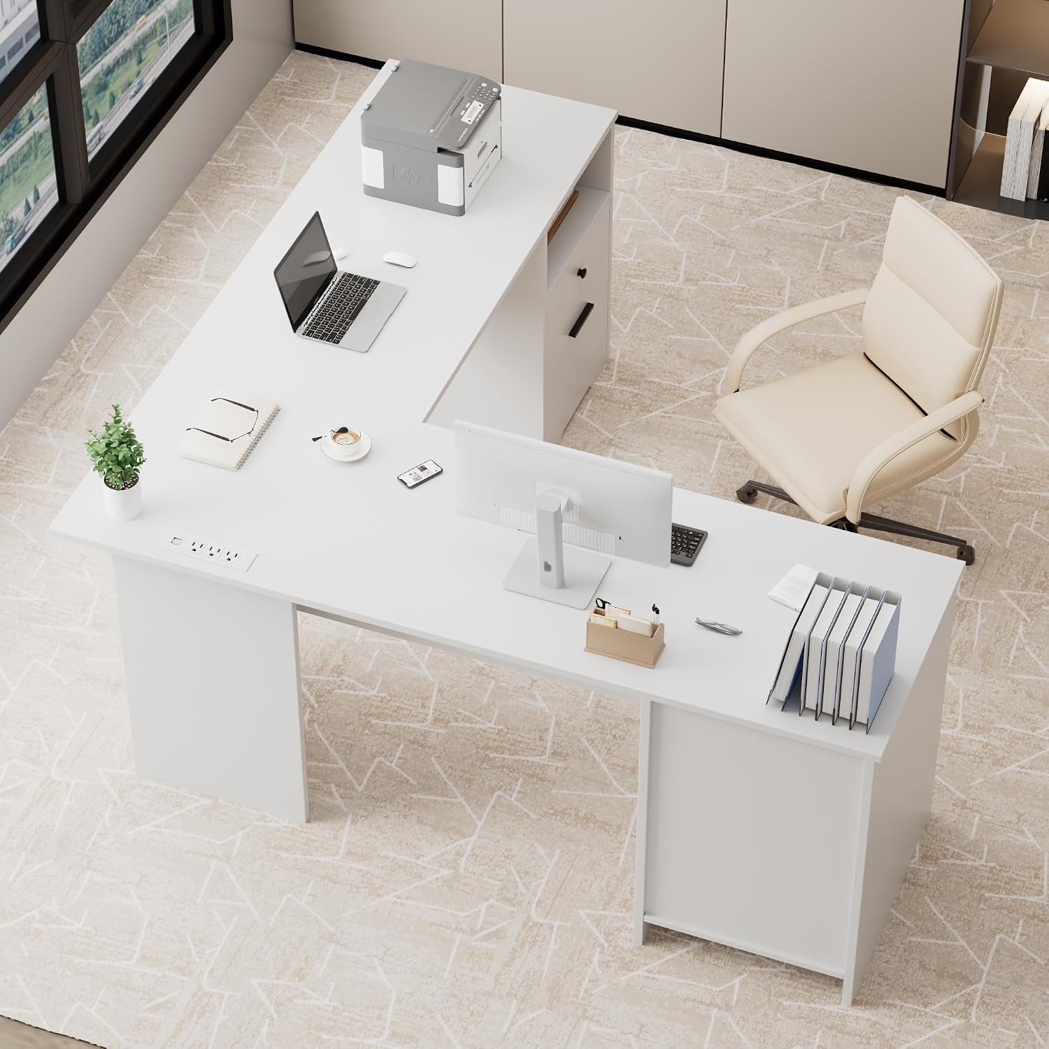 MU L Shaped Desk with File Drawer, 60 Inch Corner Desk with Storage Drawers & Cabinet, Large Home Office Table with Power Outlets, Wood Executive Office Desk, White