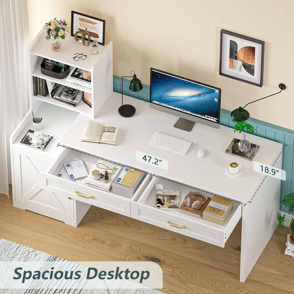 YOMILUVE 60' Computer Desk with Drawers & Bookshelves, Home Office Desk with Storage Cabinet & Spacious Desktop, Writing Gaming Study Table with Bookcase, White