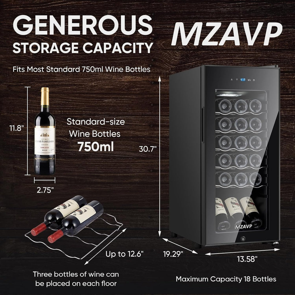 Mini Wine Fridge-Black, 18 Bottles Low Noise Compressor Wine Cooler, Freestanding Wine Cellar with Glass Door and Digital Temperature Control, 14 Inch Wine Refrigerator for Bar, Home & Office