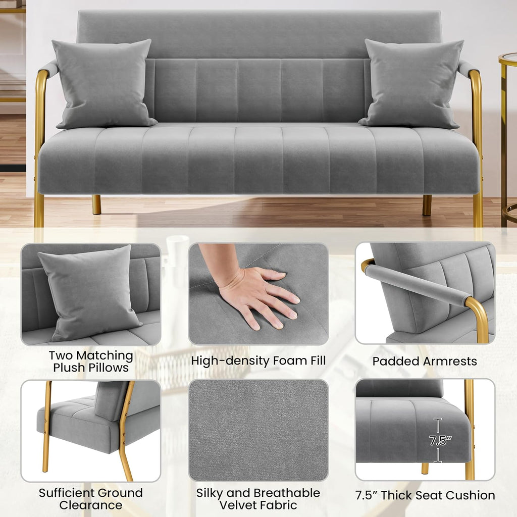 Yaheetech 56.5' W Modern Sofa Small Sofa Luxurious Velvet Fabric Couch with Gold-Tone Metal Arms and Legs for Living Room, Home Office, Studio Light Gray