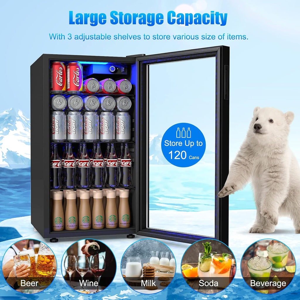 ARLIME Mini Fridge, Drink Cooler, 120 Can, Beverage Refrigerator with Glass Door, Removable Shelves for Soda Beer Wine, Small Drink Refrigerator for Bedroom, Office, Home Kitchen, Bar, 3.2 Cu. Ft.