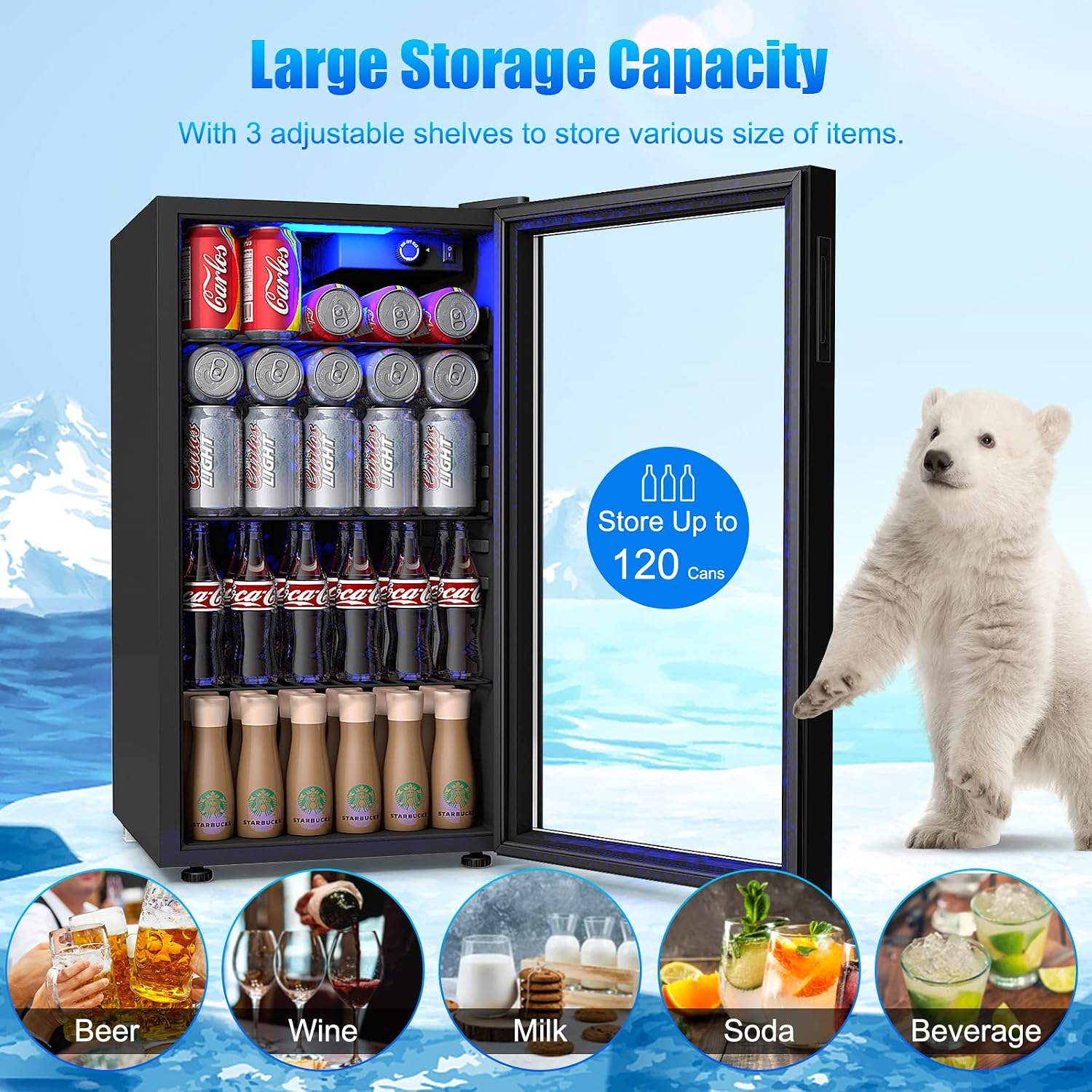 ARLIME Mini Fridge, Drink Cooler, 120 Can, Beverage Refrigerator with Glass Door, Removable Shelves for Soda Beer Wine, Small Drink Refrigerator for Bedroom, Office, Home Kitchen, Bar, 3.2 Cu. Ft.