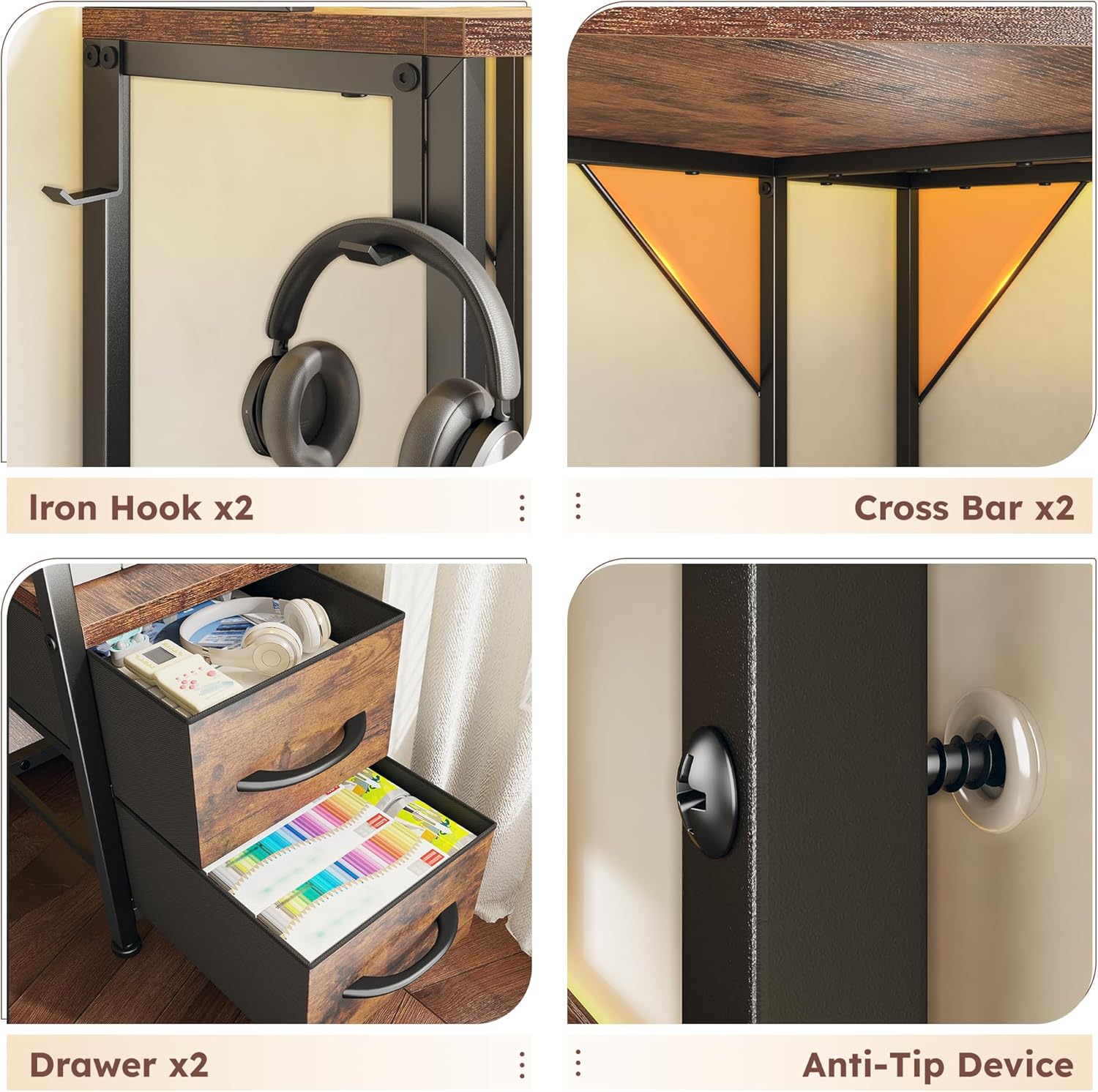 DurayLoly 35.4' W x 63' H Corner Desk with Hutch & LED Lights, Triangle Corner Desk and Computer Desk with Drawers for Storage & Shelves and Hook, Office Desk for Bedroom Small Space, Rustic Brown