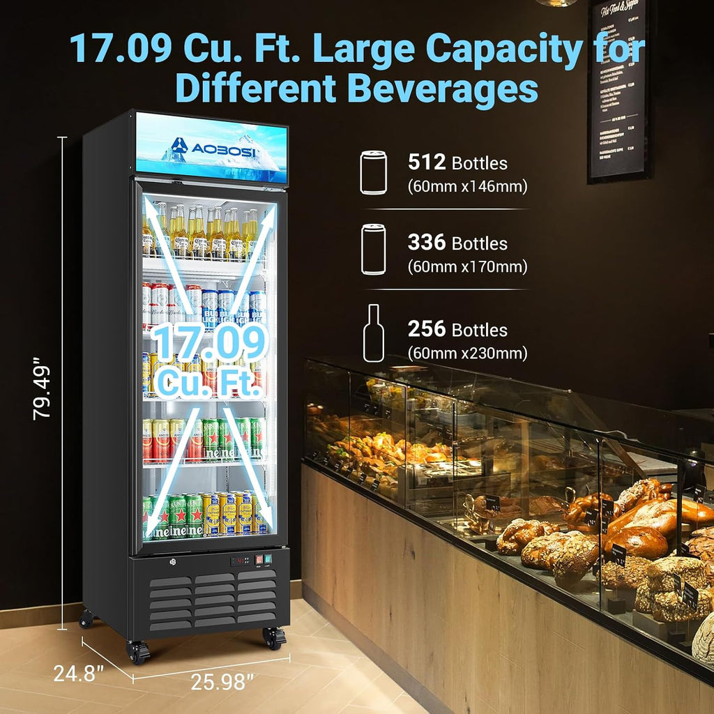 AAOBOSI Commercial Merchandiser Refrigerator,17.1 Cu.Ft Glass Door Display Refrigerator,Upright Beverage Cooler Fridge with Soft LED Light, Customizable Lightbox,Universal Casters,Adjustable Shelves