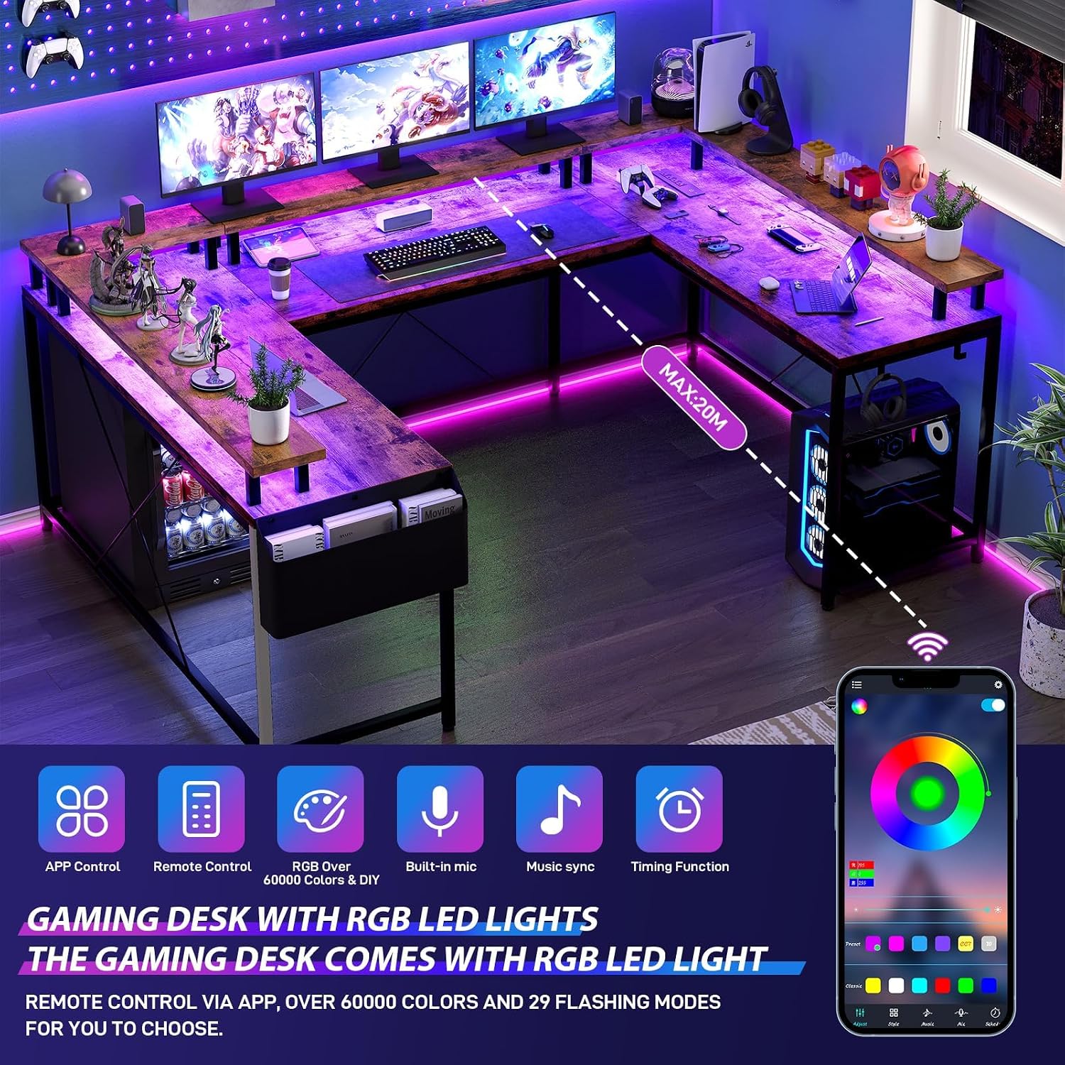 126' U Shaped Gaming Desk, Power Outlets & USB Ports, Reversible Corner Computer Desk with Monitor Stand, RGB LED Lights, Storage Shelves & Bag, Gaming Desk for Home Office, Tiger Stripes, Rustic Brow