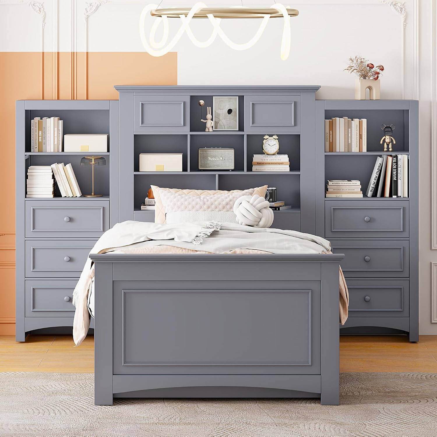 DNYN Twin Size Platform Bed with Storage Drawers(4+6) & Cabinet Headboard for Kids Bedroom,Solid Wood Bedframe w/Wood Slat Support,Super Save Space & No Box Spring Needed, Gray