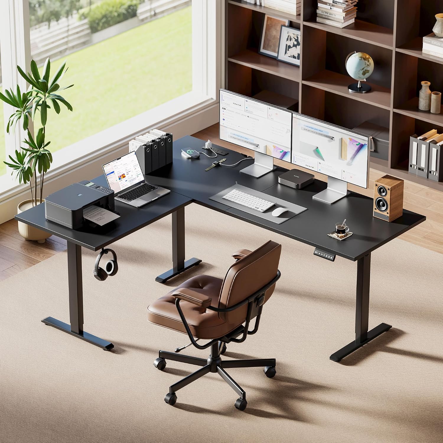 Agilestic Electric L Shaped Standing Desk 63 x 48 Inch with Power Outlet, Height Adjustable Corner Stand up Desk with Cable Management,Sit Stand Home Office Workstation with Splice Board, Black