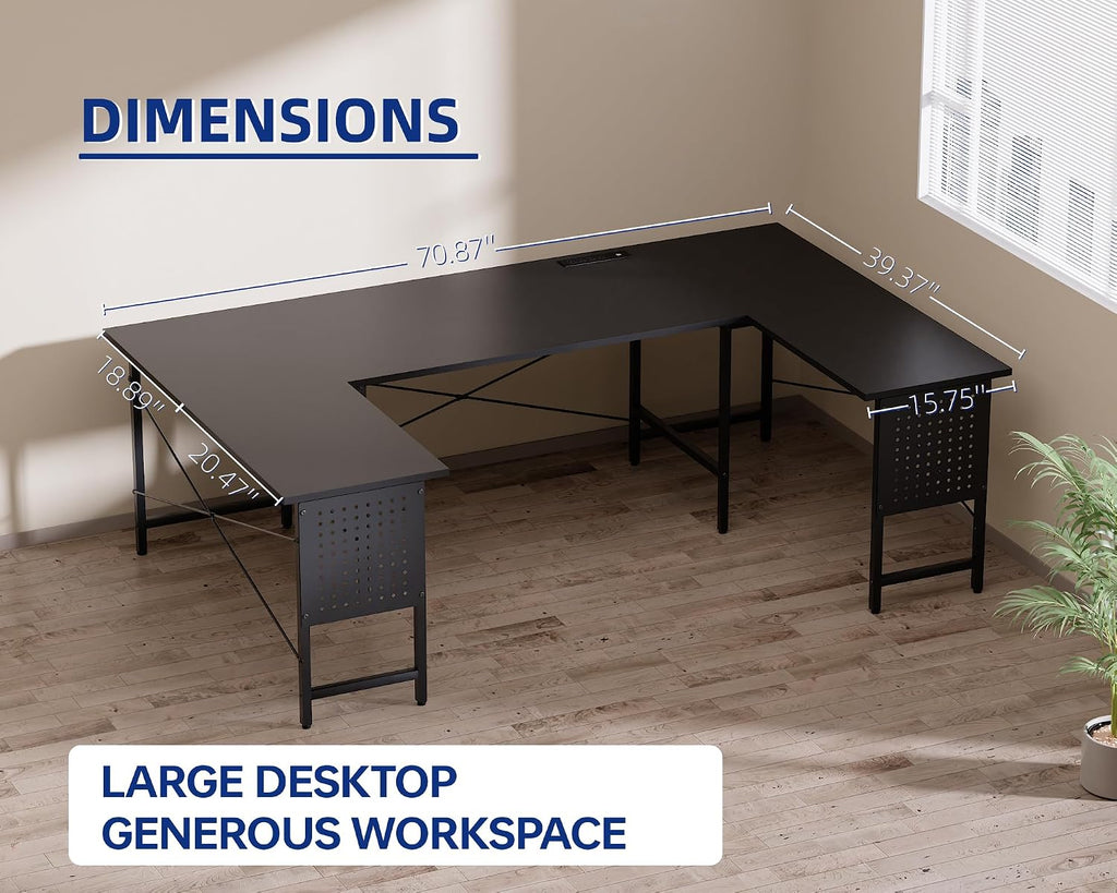 Pamray 71 Inch Large Computer Desk with Power Outlets,U Shaped Corner Desk for Home Office Work and Gaming Marble