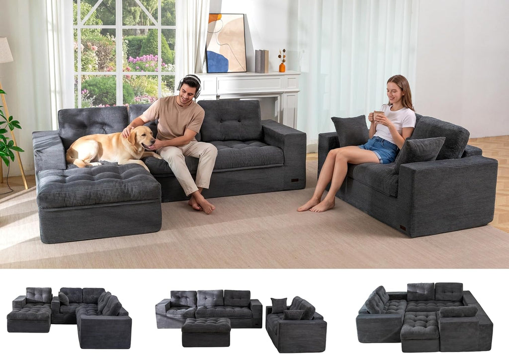 MAXYOYO Modular Sectional Sofa with Ottoman and Loveseat, Cloud Boneless Couch with Layered Cushion, Flexible Module Combination Sofa for Living Room, No Assembly Required,Dark Grey