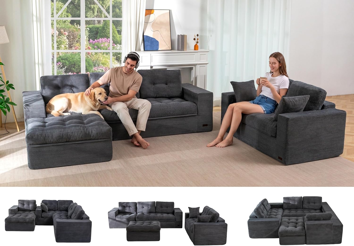 MAXYOYO Modular Sectional Sofa with Ottoman and Loveseat, Cloud Boneless Couch with Layered Cushion, Flexible Module Combination Sofa for Living Room, No Assembly Required,Dark Grey