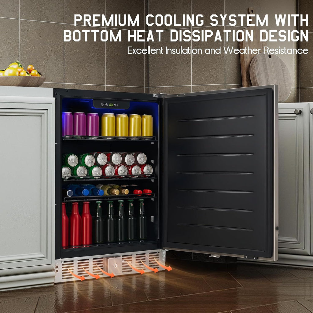 Albott 24 Inch Outdoor Beverage Fridge, 5.0 Cu.Ft Beverage Refrigerator Holds 166 Cans, 32-50°F Drink Cooler with IPX4 Waterproof Design, Auto-Defrost, Build-In or Freestanding for Patio & Backyard