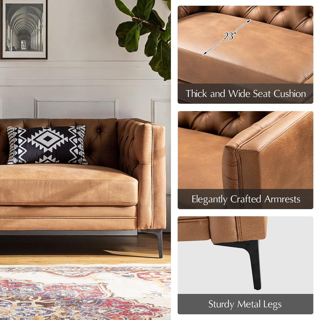 HULALA HOME 84' W Faux Leather Sofa Couch with Metal Legs, Button-Tufted 3-Seater Sofa, Mid Century Modern Upholstered Couch for Living Room, Entertainment Area, Apartment,Camel