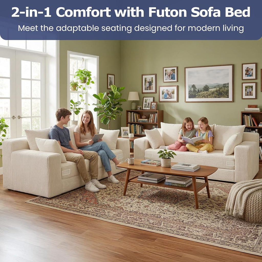 3 Seater Boneless Couch for Living Room, Convertible Futon Sofa Bed Comfy Pull Out Couch with 5 Pillows & Detachable Washable Cover, Upholstered Floor Sofa in A Box, No Assembly Required, Beige