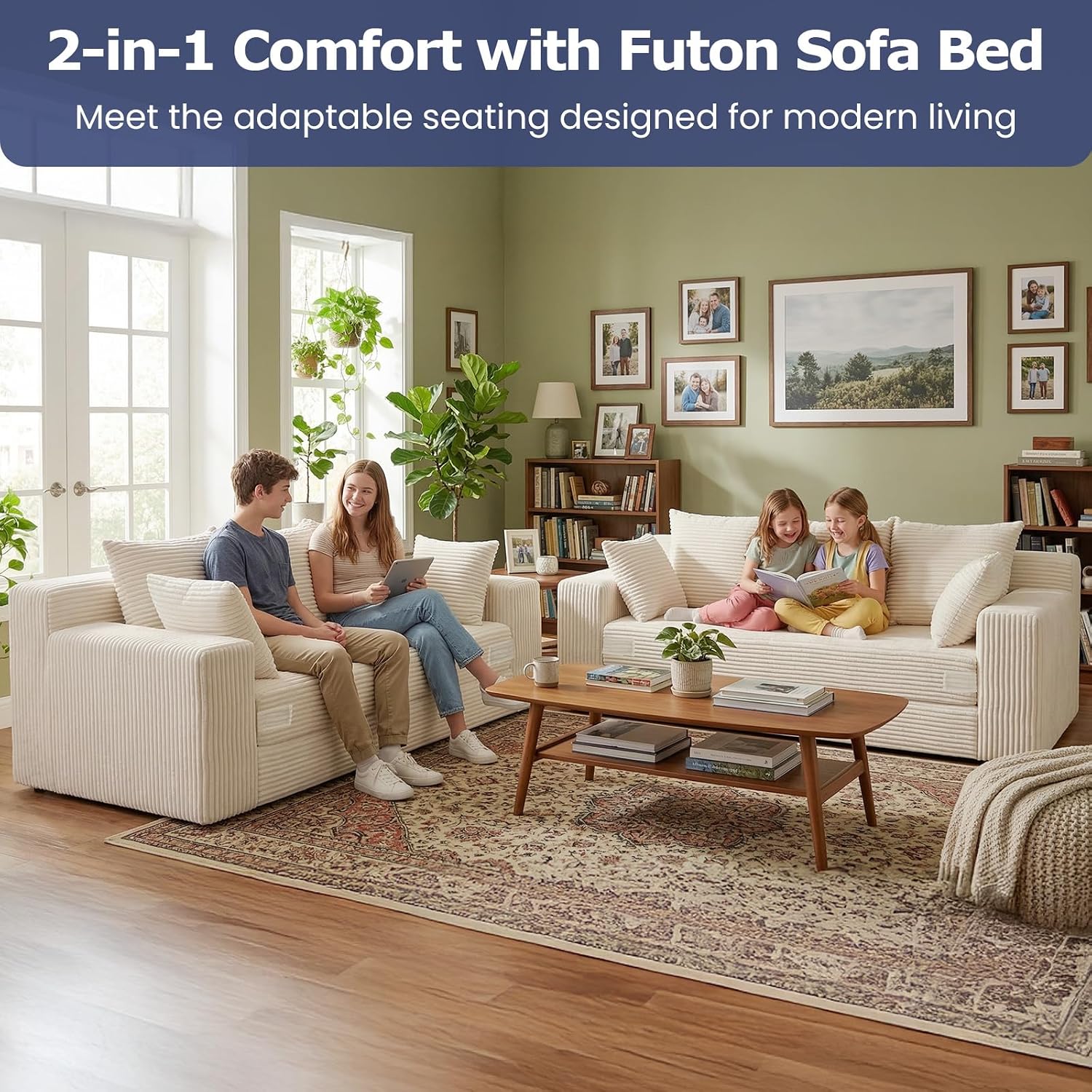 3 Seater Boneless Couch for Living Room, Convertible Futon Sofa Bed Comfy Pull Out Couch with 5 Pillows & Detachable Washable Cover, Upholstered Floor Sofa in A Box, No Assembly Required, Beige