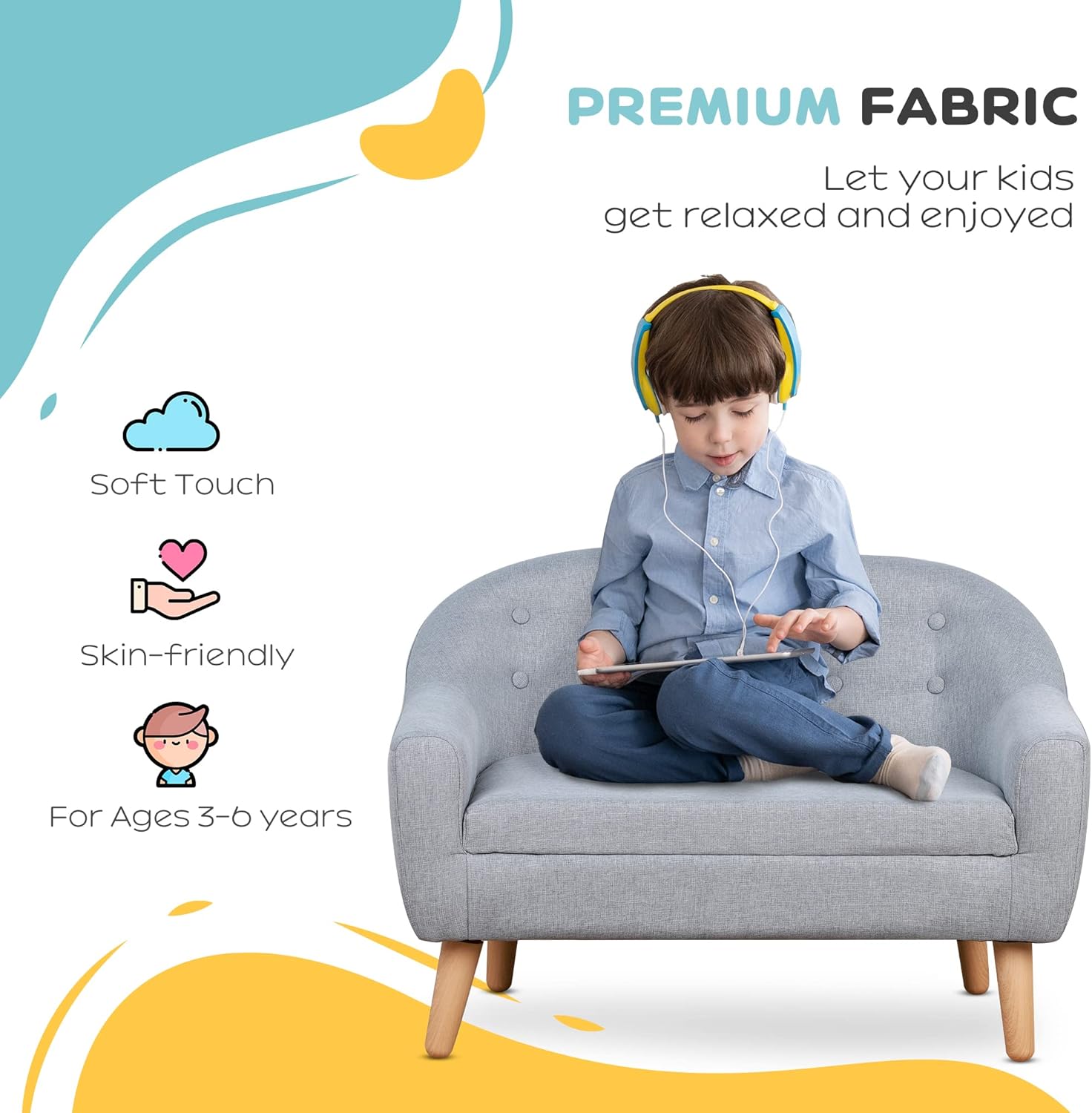 Qaba 2-Seat Kids Sofa, Toddler Sofa Couch, Linen-Like Fabric and Wooden Frame Sofa Chair for Ages 3-7, 11' High Seat, Gray