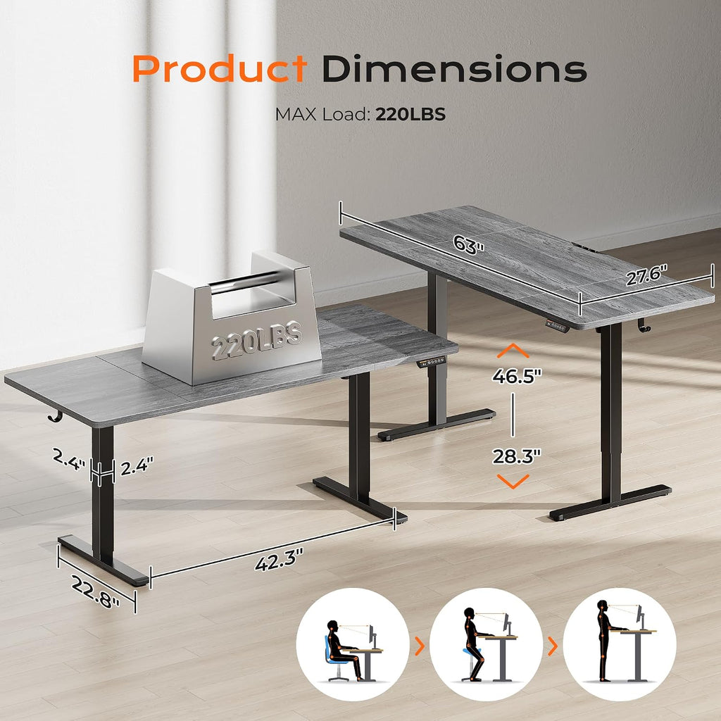 Huuger 63 x 28 Large Electric Standing Desk, Height Adjustable Computer Desk, 27.6' Deep Desktop, Stand up Gaming Office Table with 2 Hooks, 3 Preset Heights, for Home Office, Grey
