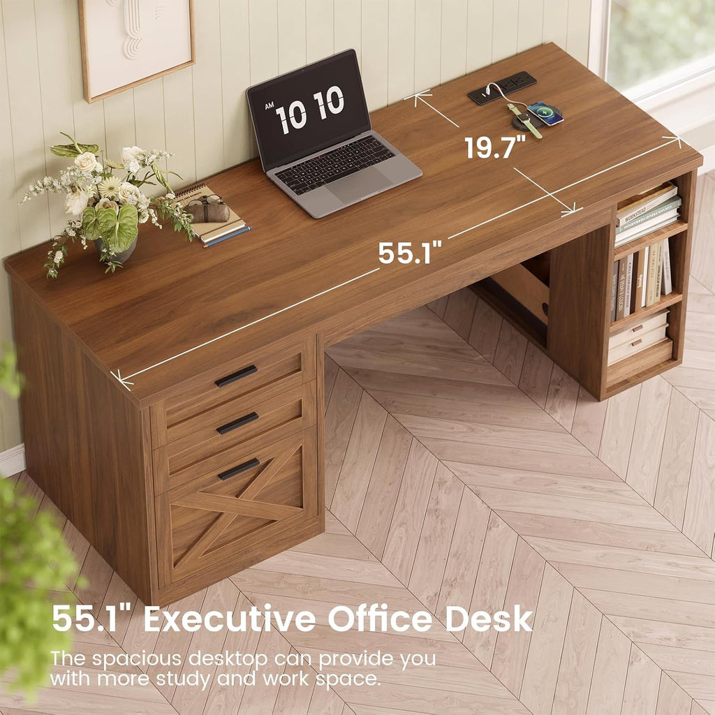 SEDETA 55.1' Executive Office Desk with 3 Drawers, Farmhouse Computer Desk with File Drawer & Storage Shelves, Home Office Desk with Power Outlet for Home Office, Brown