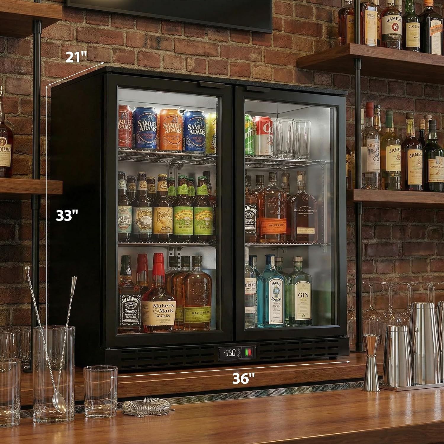 Coolake Back Bar Cooler Refrigerator with 2 Glass Doors, 7.4 cu.ft Commercial Under Counter Height Beverage Refrigerator with LED Lighting, Display Drink Fridge for Home Bar, Man Cave, Garage, Office
