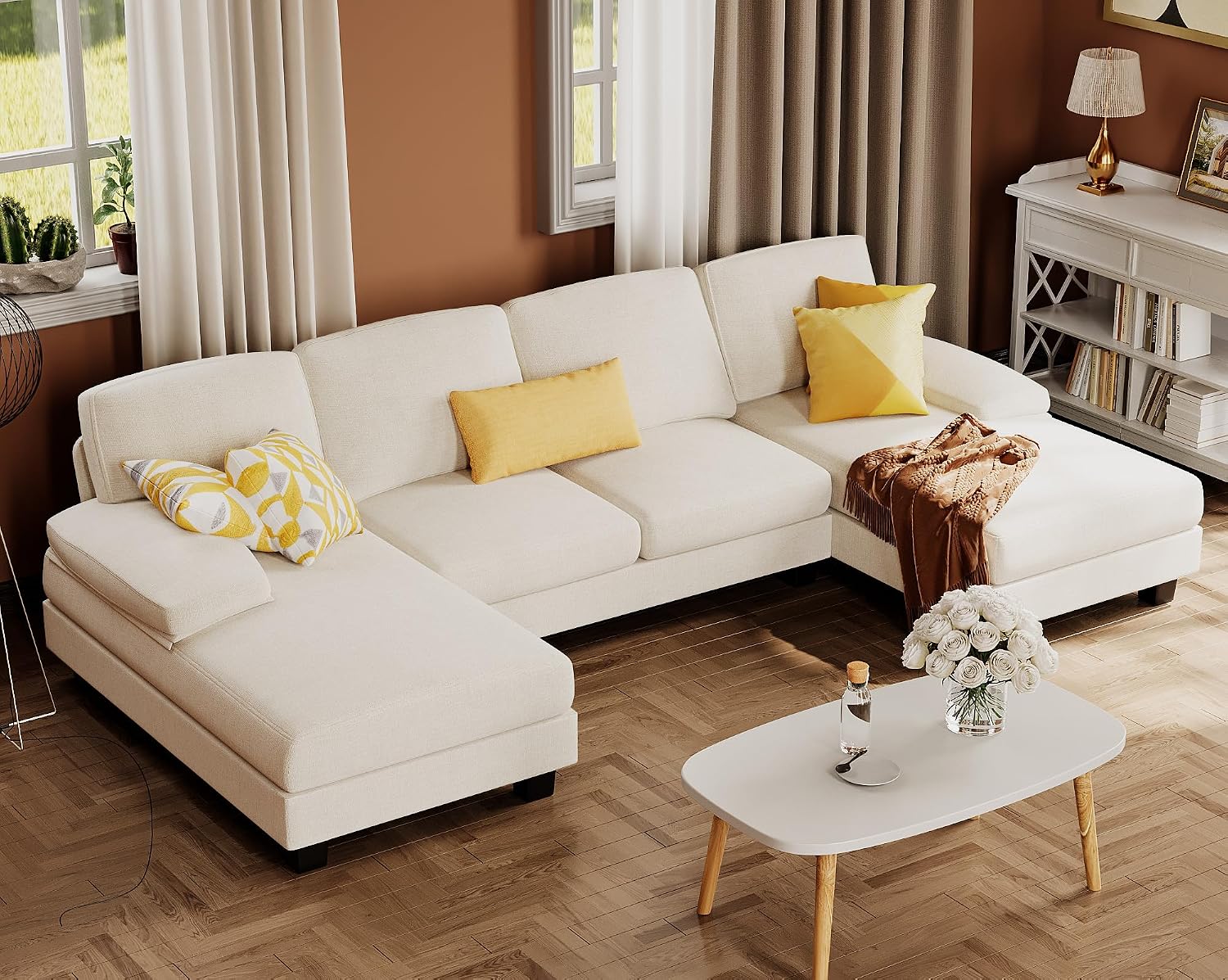 Furmax Sectional Couches for Living Room, U-Shaped Sofa Couch with Linen Fabric, 4 Seat Sofa Set with Double Chaise for Apartment (Fabric, White)