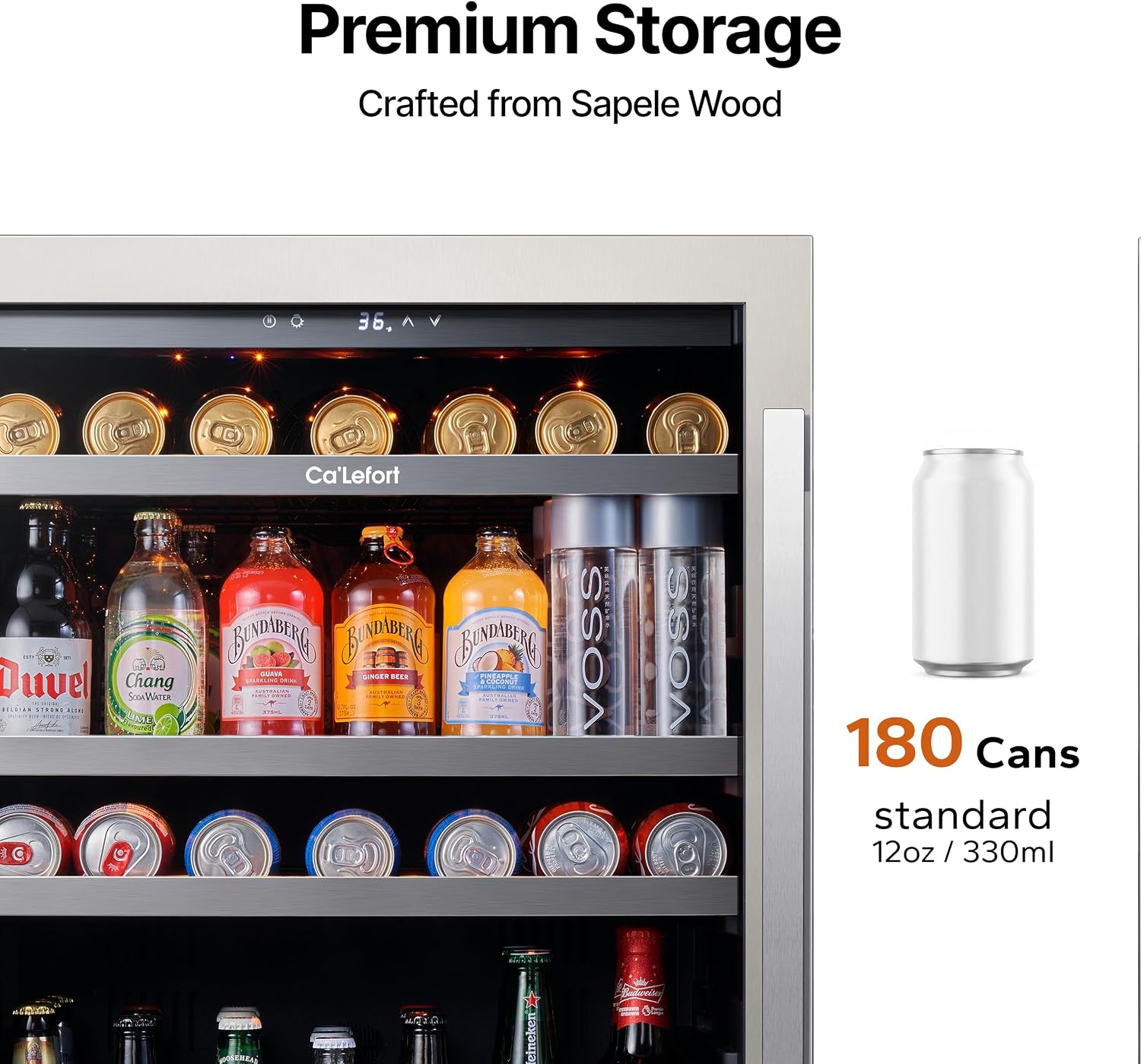 Ca'Lefort Beverage Refrigerator 24 Inch, 180 Cans Mini Fridge with Double Glass Door, Built-in or Freestanding Drink Cooler with Amber LED Light, Beverage Fridge for Kitchen Bar Office(Left-Hinged)