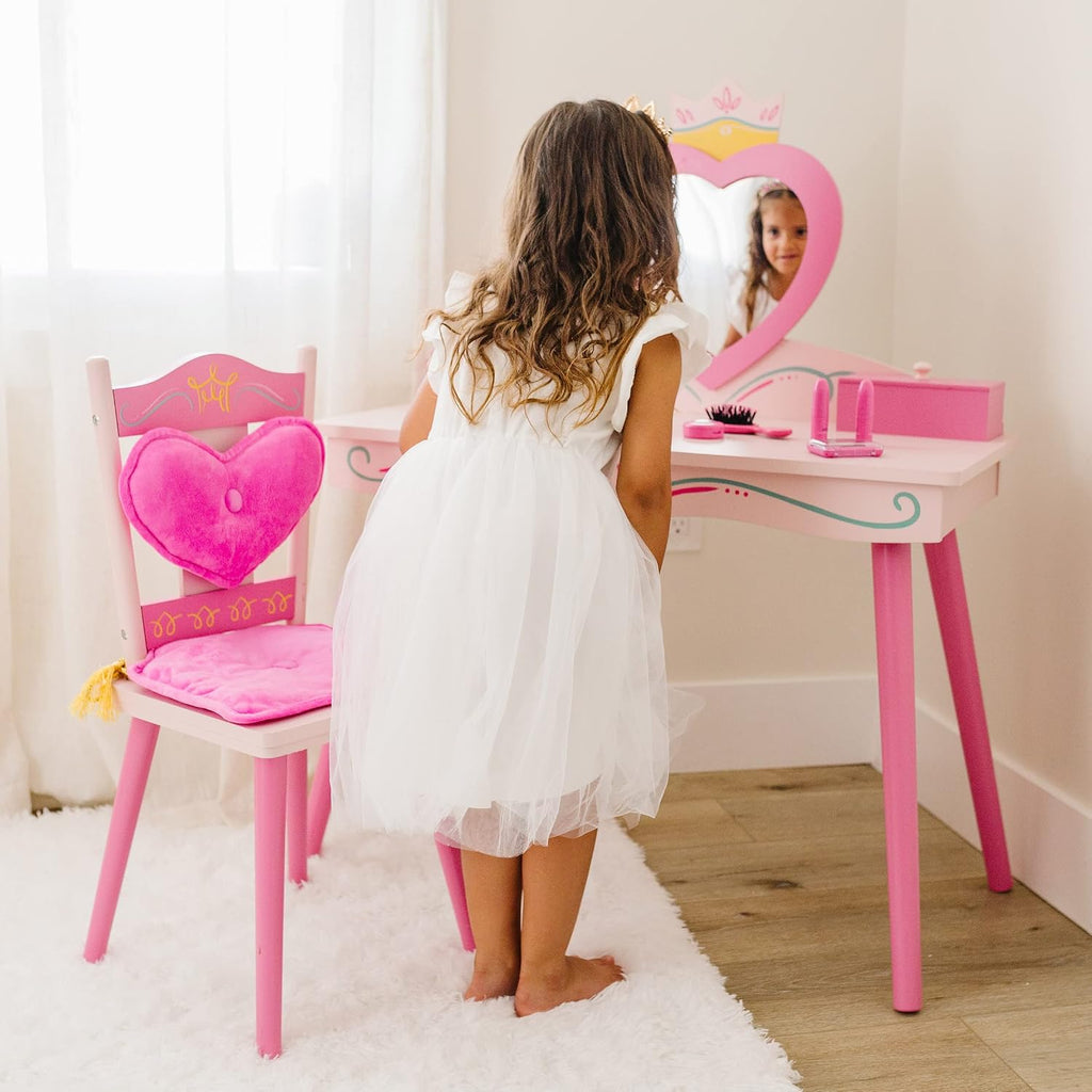 Wildkin Kids Princess Vanity & Chair Set – Wooden Vanity for Girls with Mirror, Jewelry Box & Music Box, with Removable Cushioned Chair - Pink