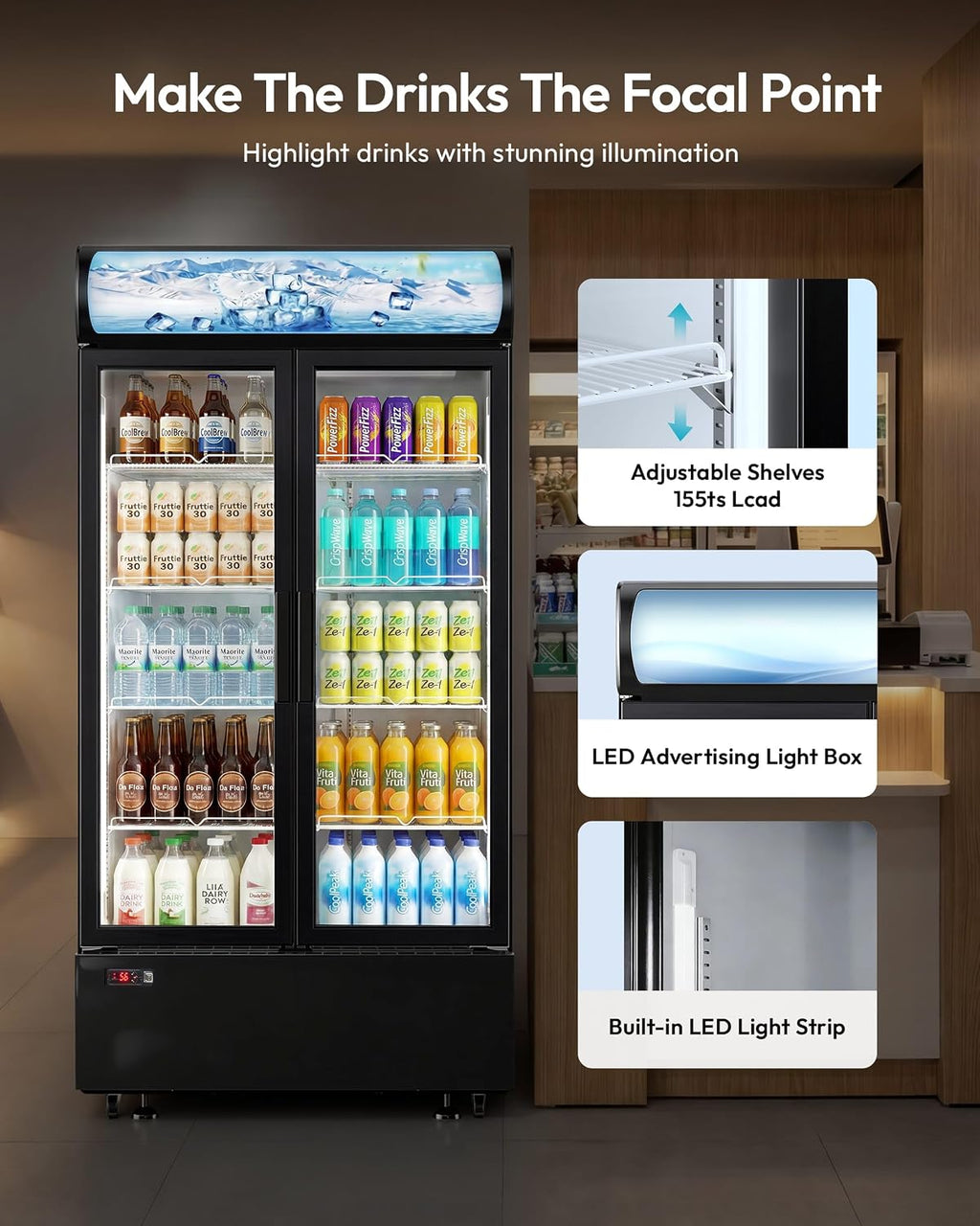25 cu.ft Commercial Refrigerators, Beverage Cooler with LED Light, Drink Merchandiser with 8 Adjustable Shelves, 2 Glass Doors, Digital Control, ETL Certified, 32-50°FF