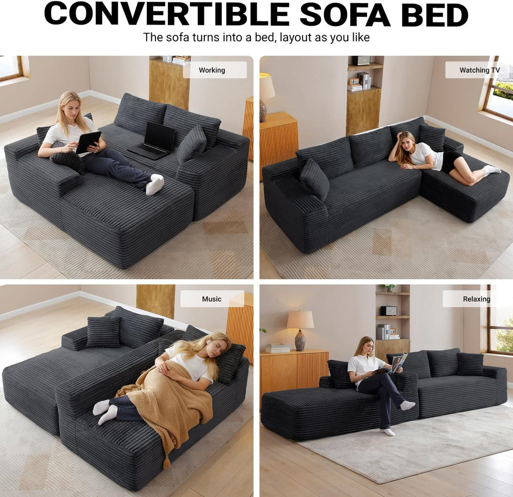 108' Cloud Sectional Couch,Modern Modular Sectional Sofa with Deep Seat,Corduroy Boneless Couches with L-Shape Chaise for Living Room,No Assembly Required (Black, Right Facing Chaise)