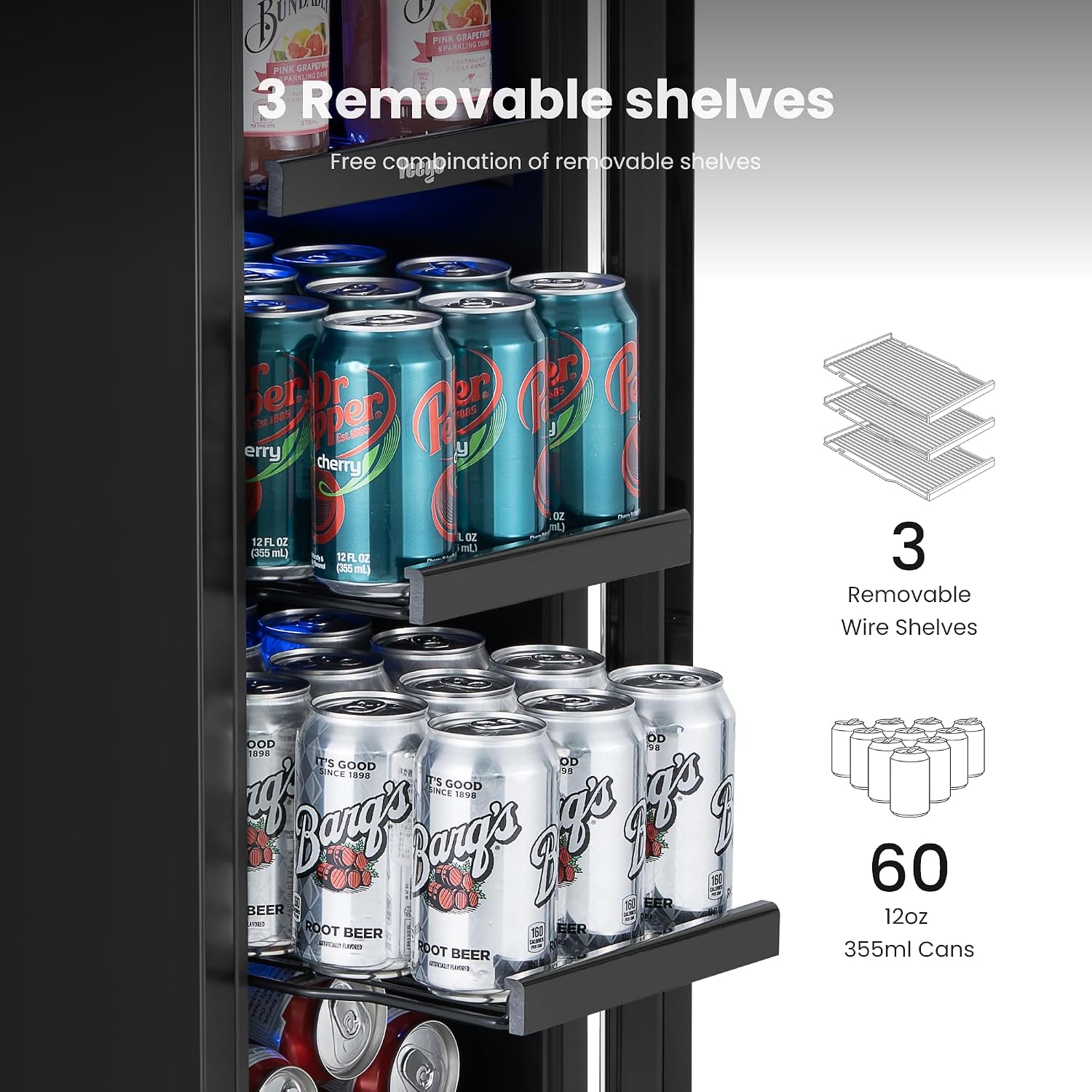 Yeego Beverage Refrigerator & Drink Fridge - 12 inch 60 Cans Beer Cooler Glass Door, 34-54℉ Under Counter Refrigerator Built-in for Drink Soda Wine for Bar Office Bedroom