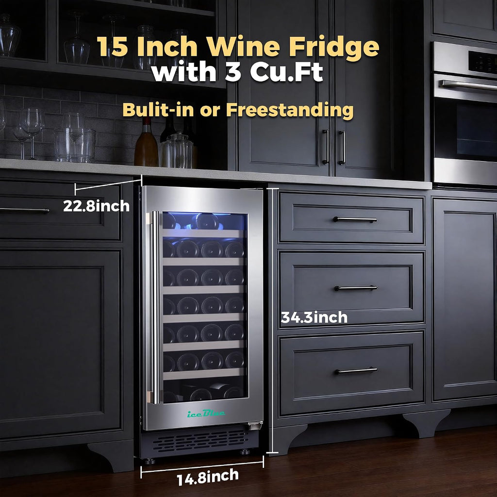 Iceblue Wine Fridge, 33 Bottles Wine Cooler Refrigerator, 41℉-72℉ Adjust Temperature Mini Fridge, Built-in Wine Refrigerator, Freestanding Beverage Refrigerator for Home, Office, Bar, Gift - Silver
