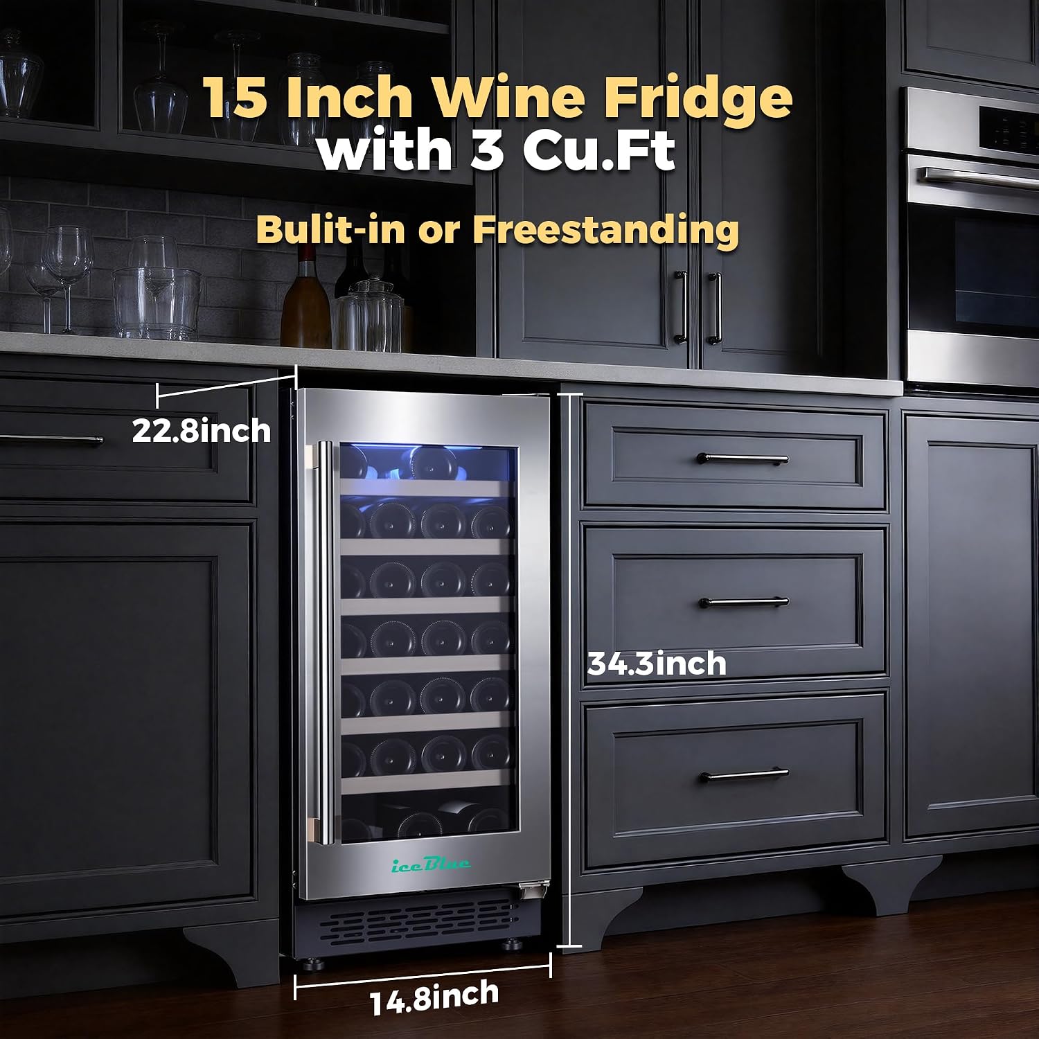 Iceblue Wine Fridge, 33 Bottles Wine Cooler Refrigerator, 41℉-72℉ Adjust Temperature Mini Fridge, Built-in Wine Refrigerator, Freestanding Beverage Refrigerator for Home, Office, Bar, Gift - Silver
