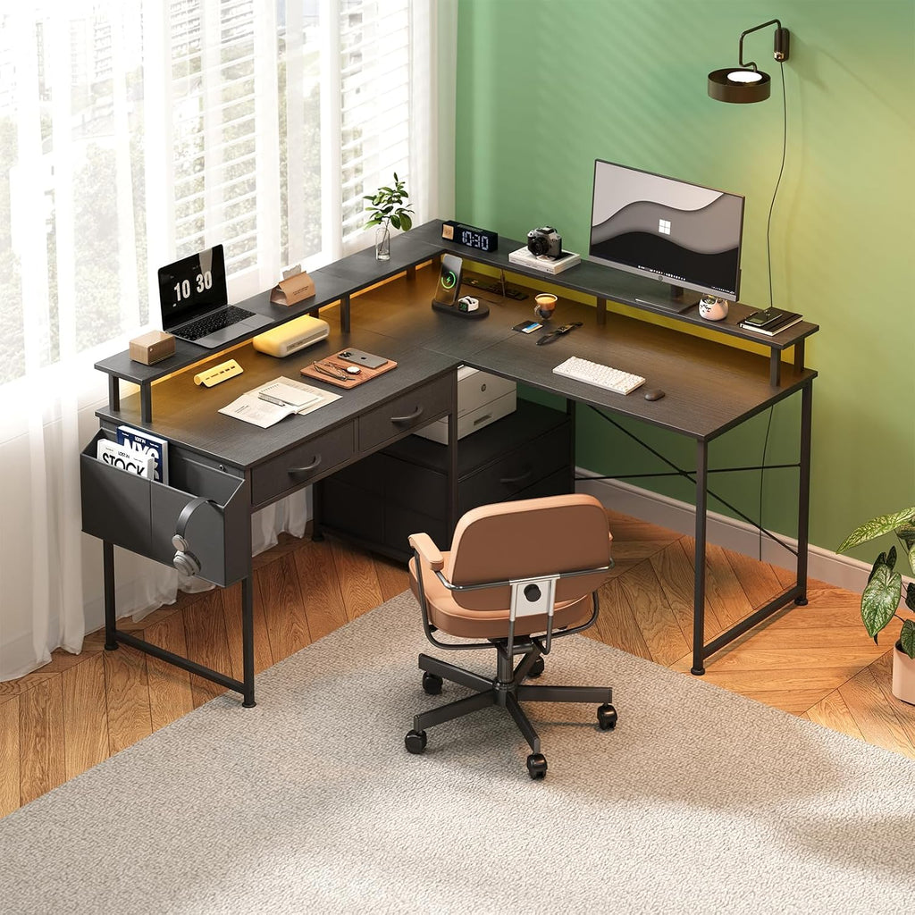 L Shaped Desk with 4 Fabric Drawers, 78.7' Home Office Desk with Printer Storage Shelf & Power Outlet, Two Person Desk with Monitor Shelf, Corner Computer Desk, Gaming Desk with Led Lights, Black