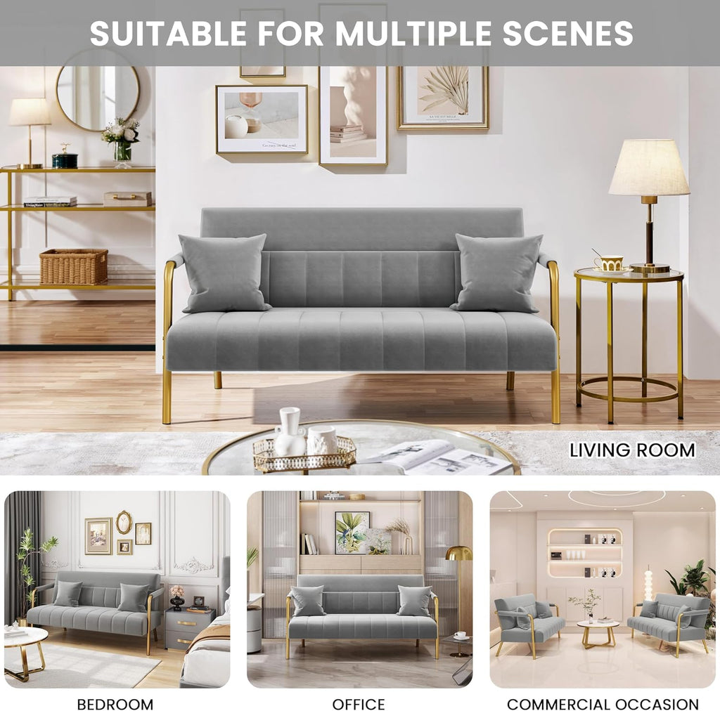 Yaheetech 56.5' W Modern Sofa Small Sofa Luxurious Velvet Fabric Couch with Gold-Tone Metal Arms and Legs for Living Room, Home Office, Studio Light Gray