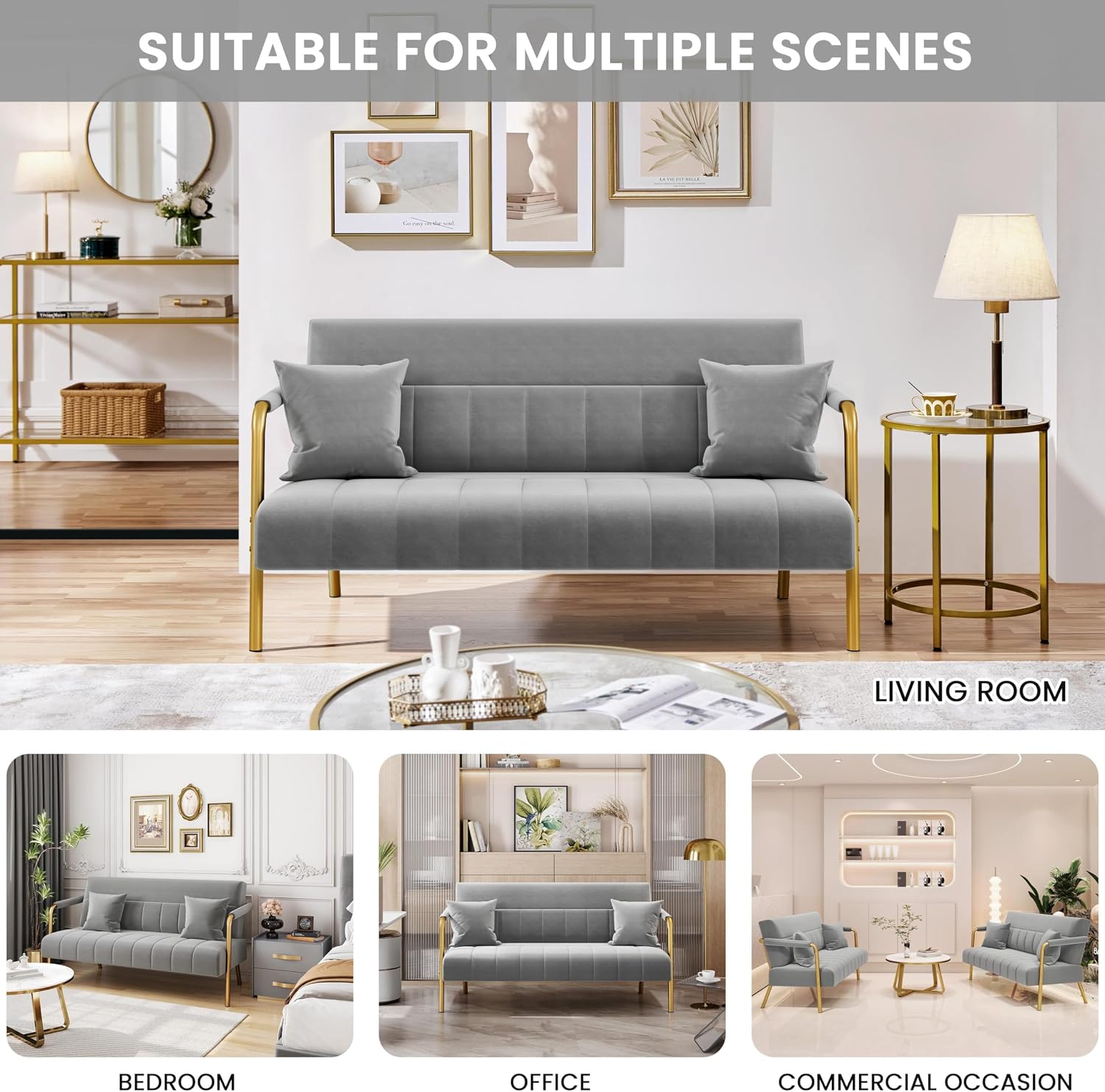 Yaheetech 56.5' W Modern Sofa Small Sofa Luxurious Velvet Fabric Couch with Gold-Tone Metal Arms and Legs for Living Room, Home Office, Studio Light Gray
