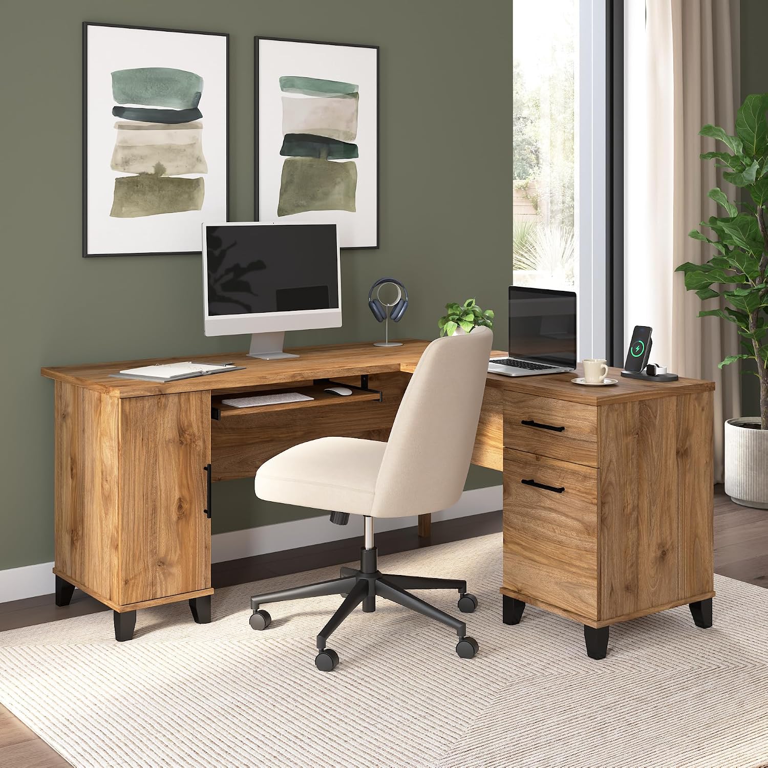 Bush Home 60-Inch L-Shaped Desk with Storage, Corner Computer Office Desk with Drawers and Storage Cabinet, Home Office Furniture, Somerset Collection, Fresh Walnut