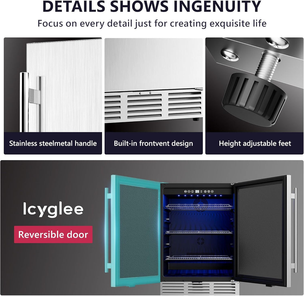 Icyglee 24 Inch Beverage Refrigerator, 180 Cans Undercounter Beverage Fridge with Stainless Steel for Home and Patio Use, Outdoor Refrigerator for Soda, Beer, Wine