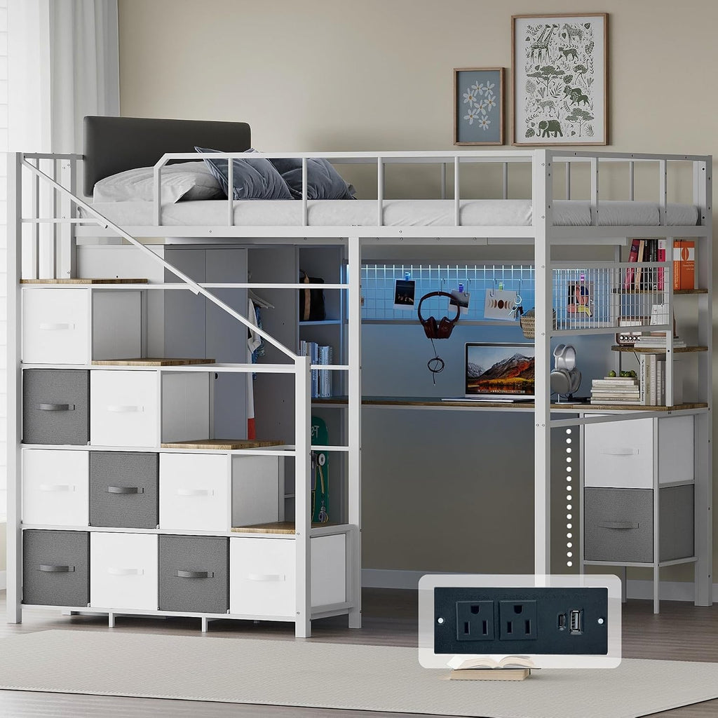 Kikihouse Full Size Loft Bed with Desk, Stairs & LED Light, Metal Gaming Loft Bed Frame with Headboard, Safety Guardrails, Charging Station, Closet and 12 Fabric Drawers, Space Saving, White and Oak