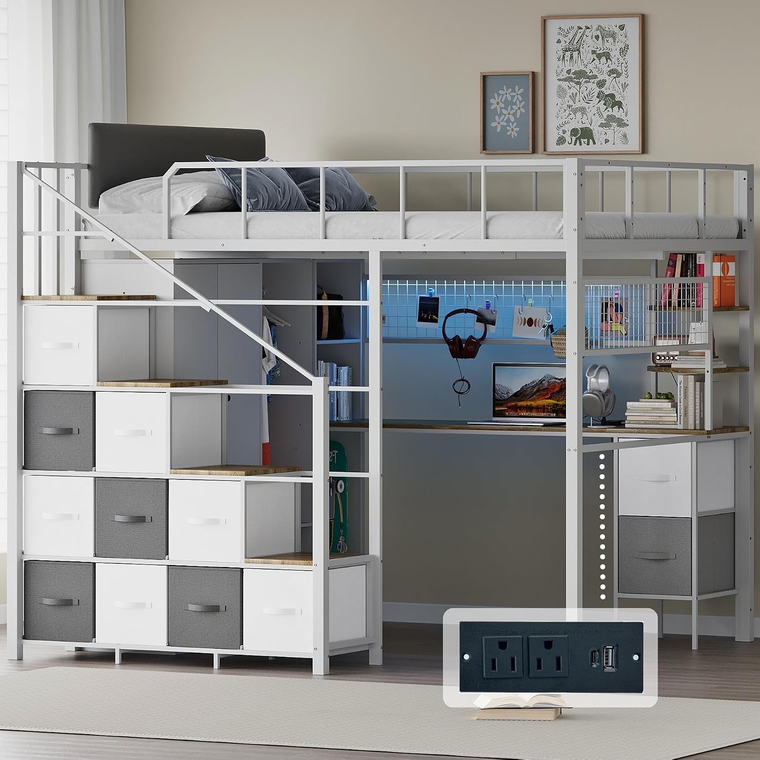 Kikihouse Full Size Loft Bed with Desk, Stairs & LED Light, Metal Gaming Loft Bed Frame with Headboard, Safety Guardrails, Charging Station, Closet and 12 Fabric Drawers, Space Saving, White and Oak