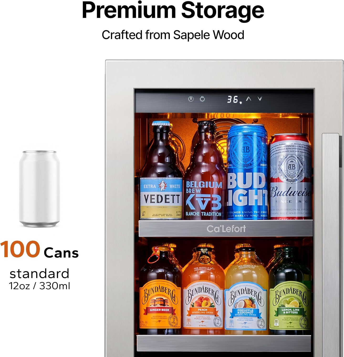 Ca'Lefort Beverage Refrigerator 15 Inch, 100 Cans Mini Fridge with Double Glass Door, Built-in or Freestanding Drink Cooler with Amber LED Light, Beverage Fridge for Kitchen Bar Office(Left-Hinged)