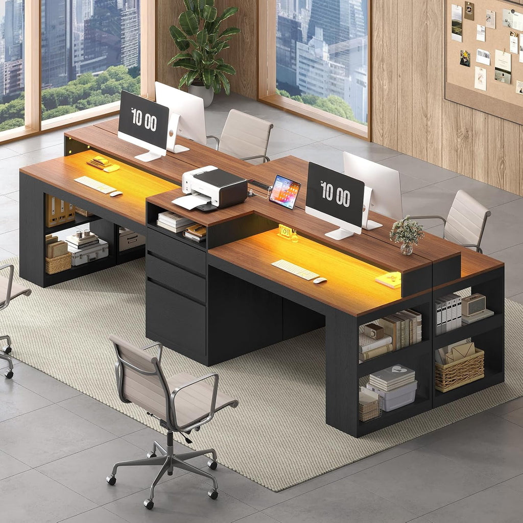 96.6' Long Computer Desk, 2 Person Desk with LED Lights & Power Outlet, Modern Two Person Gaming Desk with File Drawers, Monitor Stand, Printer Shelf ＆ Storage, Double Table for Home Office Black