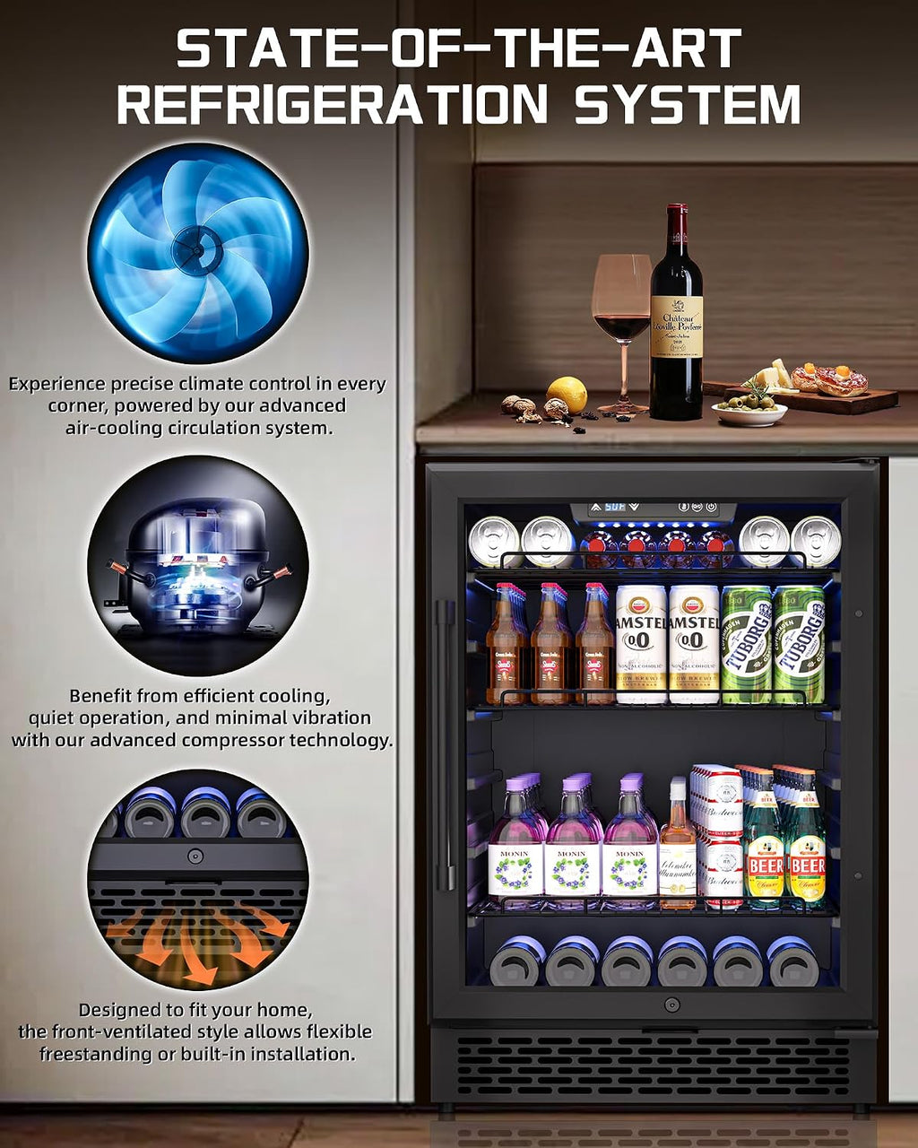 24-Inch Built-In Beverage Cooler, 200 Can Capacity, Smart Control System, for Soda, Beer, Wine & Water, Ideal for Kitchen, Bar, Living Room