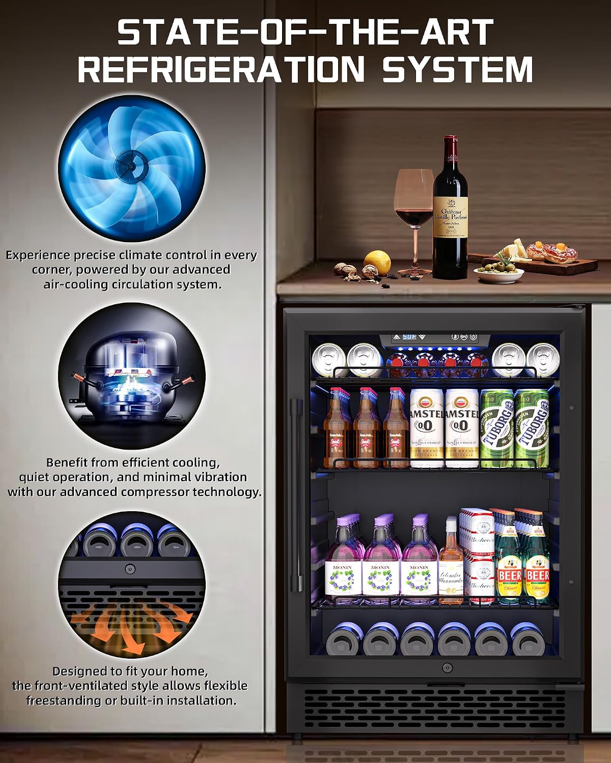 24-Inch Built-In Beverage Cooler, 200 Can Capacity, Smart Control System, for Soda, Beer, Wine & Water, Ideal for Kitchen, Bar, Living Room